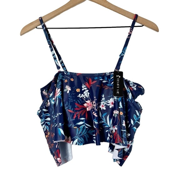 TEMPT ME RUFFLE BIKINI TOP OFF SHOULDER WOMEN SWIM TOP BLUE FLORAL LARGE NEW - Picture 2 of 7